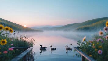 Ducks Swimming on Misty Lake at Sunrise with Rolling Hills photo