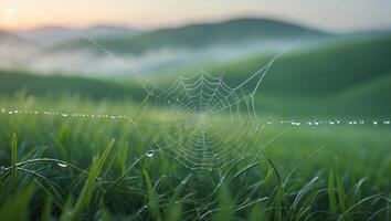 Spiderweb with Water Droplets in a Grassy Field at Sunrise photo