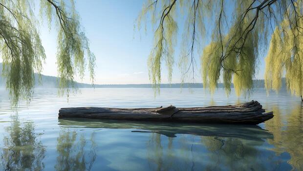 Floating Log on Serene Lake Surrounded by Weeping Willow Branches photo