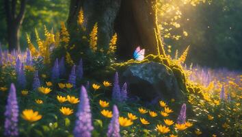 Butterfly Resting on Mossy Rock in Sunny Flower Meadow Scene photo