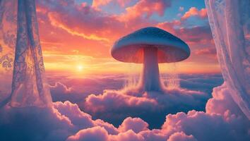 Mushroom in Clouds Under Sunset Sky Seen Through Lace Curtains photo