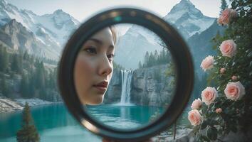 Woman Looking Through Ring at Waterfall and Mountain Landscape photo
