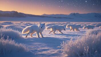 Arctic Foxes Walking Across Snowy Tundra at Dusk Under Starry Sky photo