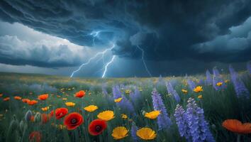 Stormy Weather Over Flower Meadow with Lightning Strikes and Dark Clouds photo