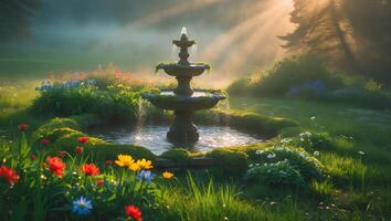 Water Fountain Flowing in Garden with Flowers and Sun Rays photo