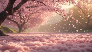 Cherry Blossom Tree in Bloom with Falling Petals on Field photo