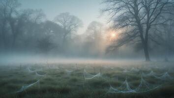 Foggy Meadow with Spiderwebs and Trees at Sunrise Creates Mystical Scene photo