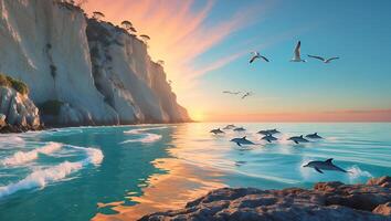 Dolphins Swimming Near Cliffside Beach at Sunset with Birds Flying photo