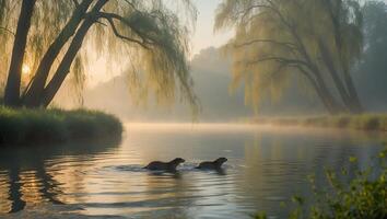Two Otters Swimming in River at Sunrise with Mist and Trees photo