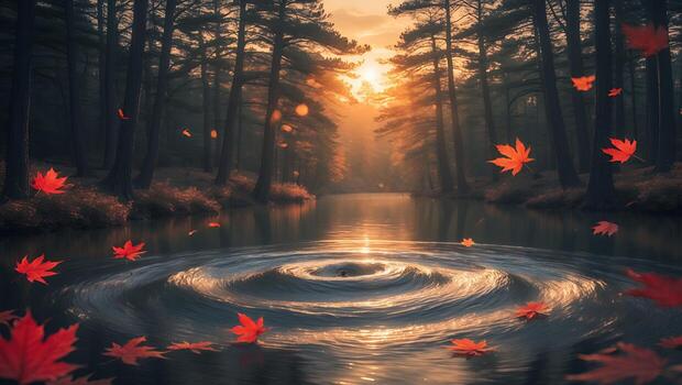 Autumn Leaves Falling in Forest Lake with Ripple and Golden Light photo