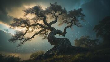 Majestic Tree Standing Tall During Rainfall with Cloudy Sky Scenery photo