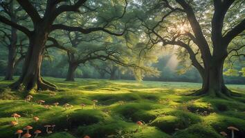 Walking Through Enchanted Forest with Trees and Mushroom Meadow Sunlight photo