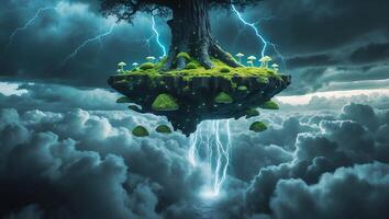 Floating Island Tree with Mushrooms and Moss Among Stormy Sky Clouds photo