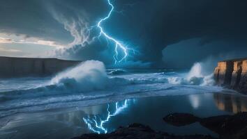 Lightning Striking Over Ocean with Dramatic Waves Crashing on Shoreline photo