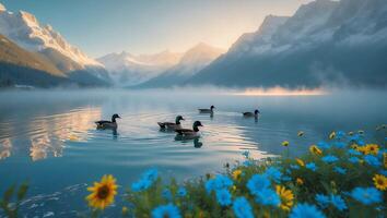 Ducks Swim Peacefully on Lake with Mountain Scenery and Flowers photo