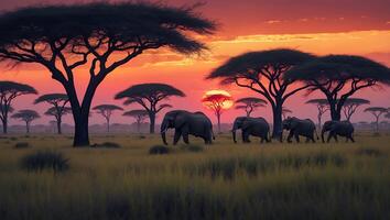 Elephants Walking Through Savannah Grassland at Sunset with Dramatic Sky photo