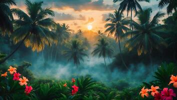 Tropical Paradise Scene Palm Trees with Misty Sunset and Hibiscus photo
