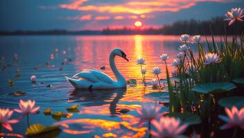 Swan Swimming Among Lily Pads on Calm Lake at Sunset photo