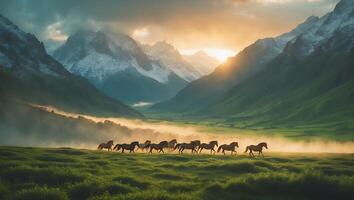 Horses Galloping Through Green Valley with Mountains at Sunrise photo