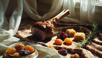 Roasted Meat with Fruit and Pastry on Decorative Fabric photo
