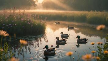 Ducks Swimming on Pond During Foggy Sunrise in Natural Setting photo