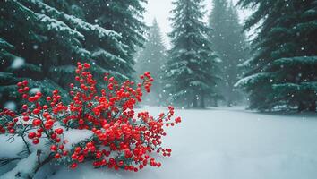 Winter Wonderland Red Berries and Snow Covered Evergreen Trees Landscape photo