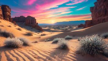 Exploring Scenic Desert Landscape at Sunset with Colorful Sky photo