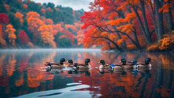Ducks Swim on Lake During Fall with Colorful Autumn Foliage photo