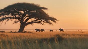 Elephants Walking Through African Savanna Grassland at Golden Sunset photo