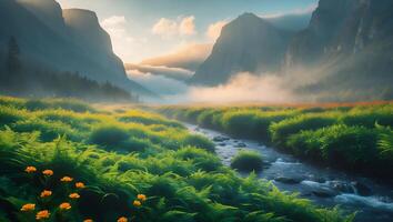 Flowing River Through Mountain Meadow with Mist and Wildflowers photo