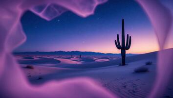 Cactus in Desert Sand Dunes Under Starry Night Sky View photo