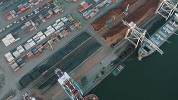 Top-down view of a busy cargo seaport with shipping containers, cranes, bulk materials, and a docked freight ship video