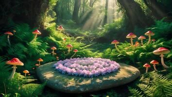 Enchanted Forest Scene Stone with Flower Circle and Wild Mushrooms photo