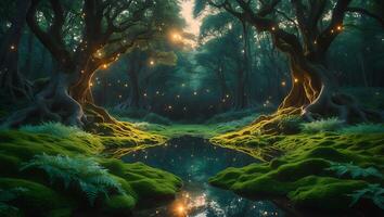 Tranquil Forest Pond Reflecting Light with Mossy Banks and Glowing Lights photo
