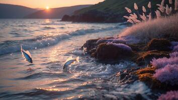 Fish Jumping Out of Water at Sunset by Rocky Shoreline photo
