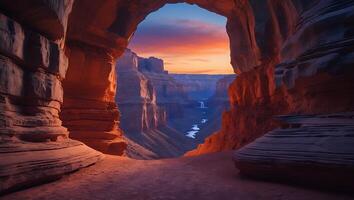Looking Through Rock Archway at Grand Canyon and Sunset Scenery photo