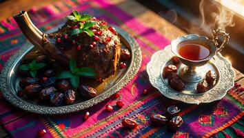 Roasted Meat Dish with Dates and Hot Tea for Serving photo