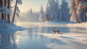 Hare Running Across Frozen Lake in Snowy Winter Forest Scenery photo