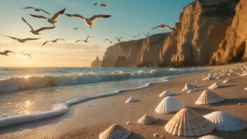 Seagulls Flying Over Sandy Beach with Shells at Sunset photo
