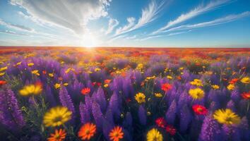 Blooming Wildflower Meadow Under Bright Sky at Sunrise Scenery photo