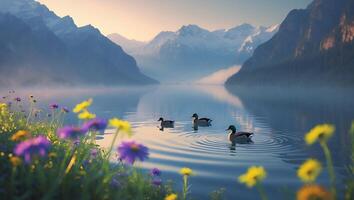 Ducks Swimming on Calm Lake with Mountain Backdrop and Flowers photo