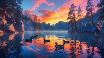 Ducks Swimming on a Lake at Sunset with Mountain Reflection photo
