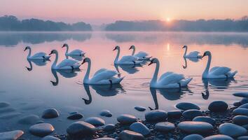 Swans Swim in Calm Lake at Sunrise with Fog and Pebbles photo
