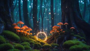 Glowing Ring Surrounded by Mushrooms in Mystical Forest Scene photo