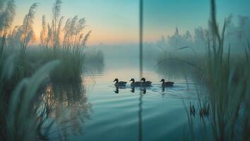 Ducks Swimming Serenely on Misty Lake at Dawn with Tall Grass photo