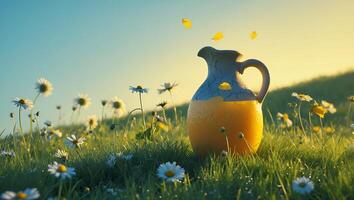 Jug of Juice Sitting in Field of Daisies with Falling Petals photo