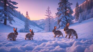 Rabbits in Snowy Winter Landscape at Dusk with Soft Sky photo