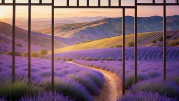 Lavender Field View Through Window Frame at Sunset in Countryside photo