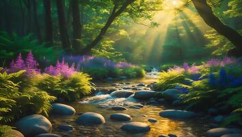 Stream Flowing Through Forest with Sunlight and Flowers Creating Peaceful Scene photo