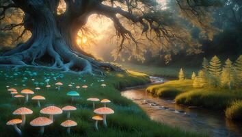 Mushrooms at Enchanted Forest with Stream, Sunlight, and Giant Tree photo